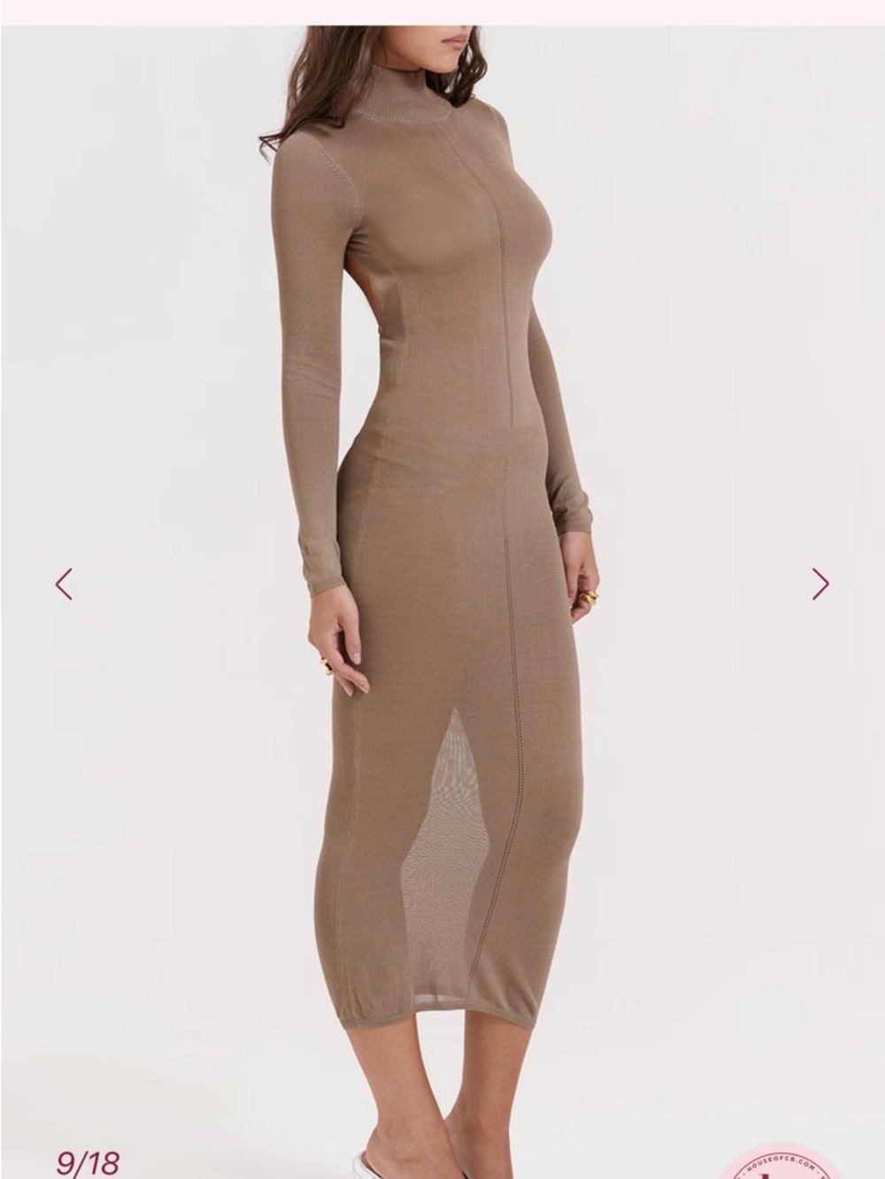 House of CB sheer knit, Long Sleeve Turtleneck Bodycon Dress in Taupe